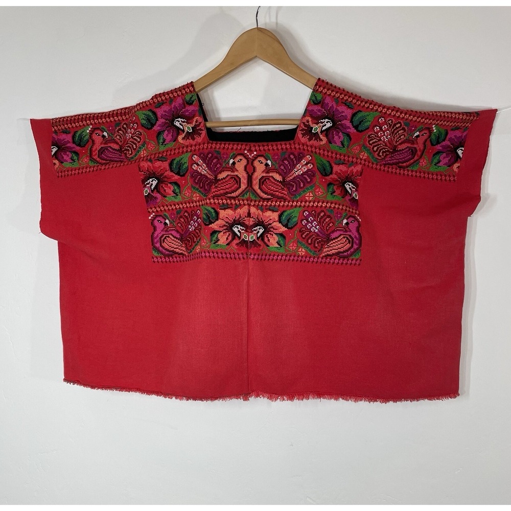 Guatemalan Mexican Huipil Tunic Top Birds Flowers Embroidered One Size Fit M/L